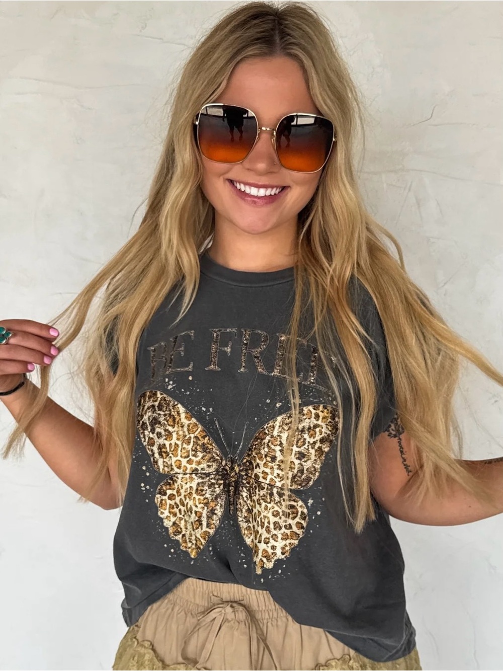 Charcoal Leopard Butterfly Washed Tee | Oversized Boho “Be Free” Cap Sleeve